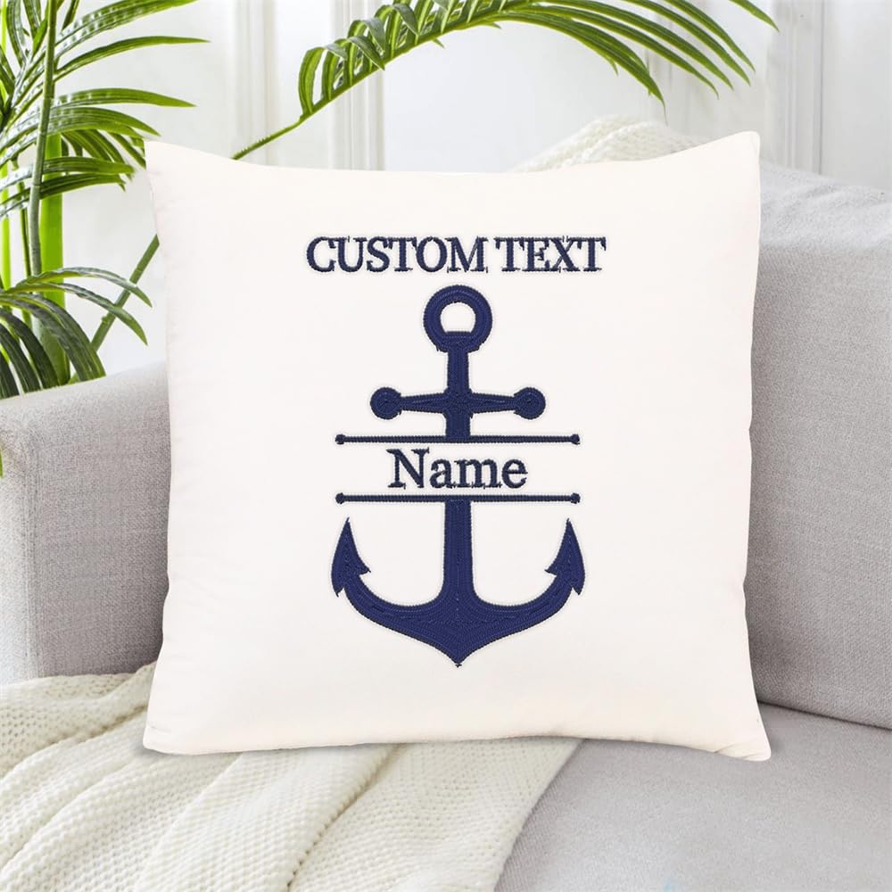 Personalized Nautical Ocean Blue Embroidered Pillow Covers, Custom Sailor Sailing Boat Captain Name Pillow Cushion with Compass, Nautical Boat Ship Sailboat Sailing Pillowcases Decoration Gifts