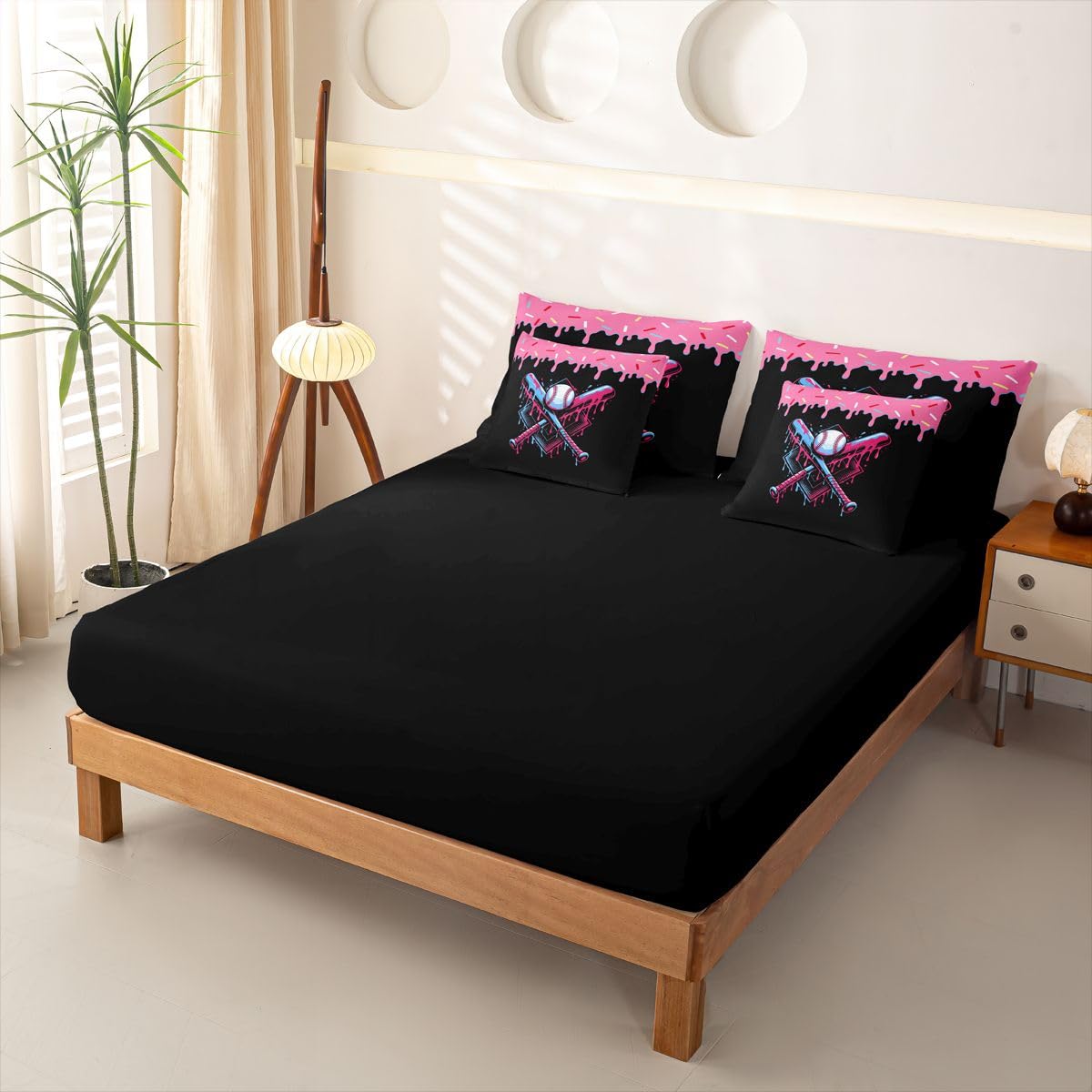 Loussiesd Juego de funda de edredón de béisbol tamaño Super King de 7 piezas, ropa de cama para niños y niñas, juego de cama con funda de edredón, sábanas, fundas de almohada, fundas de cojín