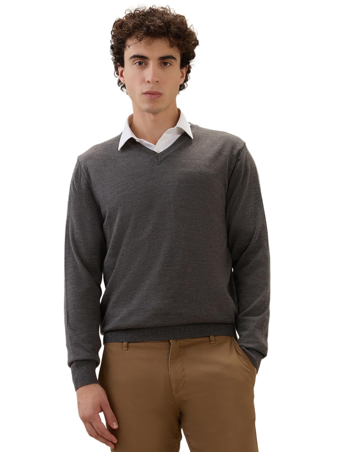 raymond Men Regular Fit Solid Pattern Merino Wool Acrylic Blend V Neck Full Sleeve Casual Winter Wear Grey-picture-20