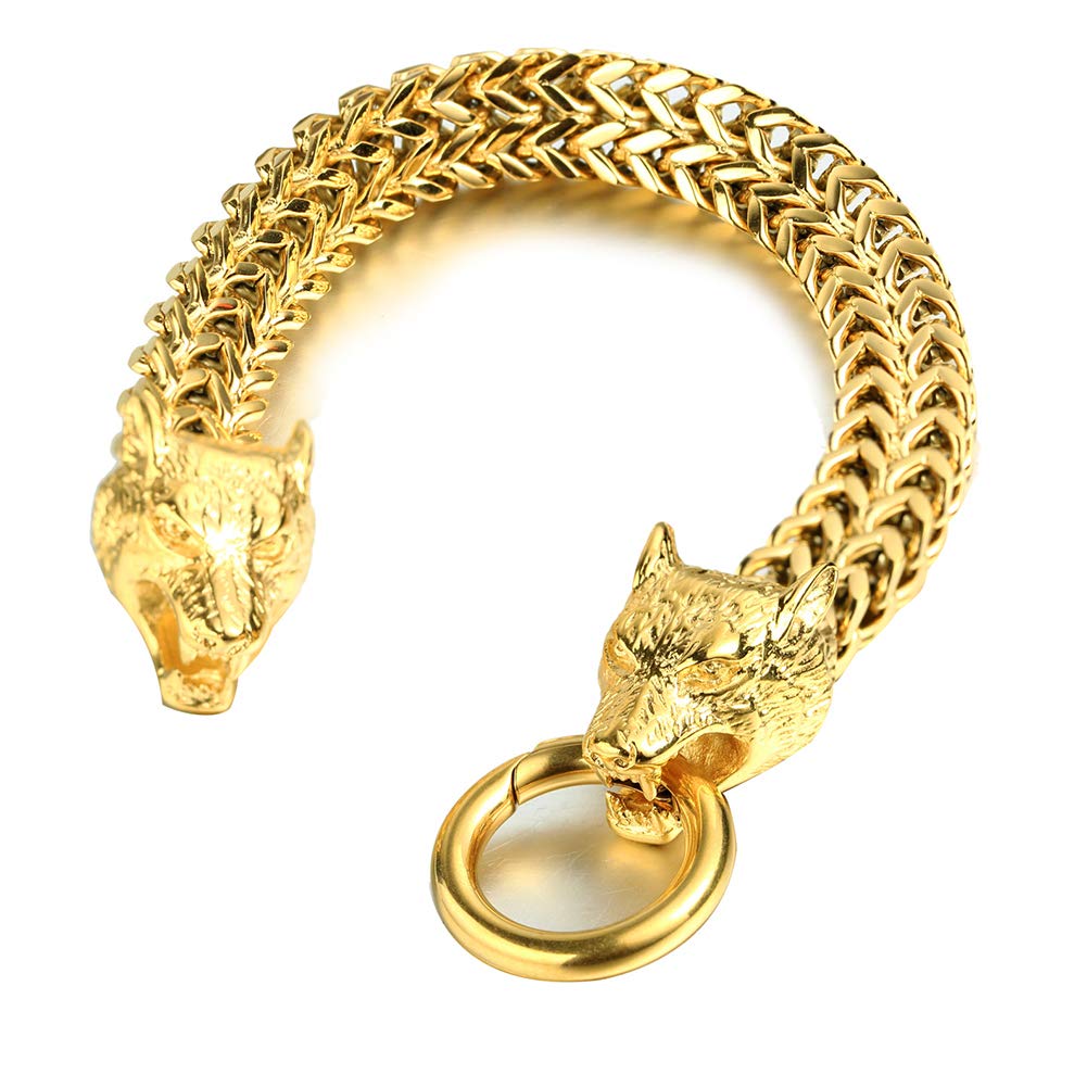 YABEME Viking Double Headed Wolf Fenrir Armband Edelstahl 18 Karat Vergoldet Kubanische Drachenkette Nordic Odin Celtic Pagan Rune Amulett Schmuck Geschenk