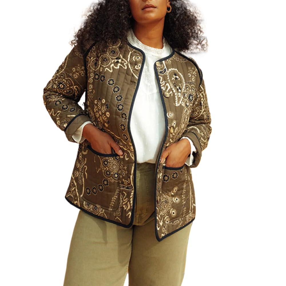 Giacca Leggera Trapuntata da Donna Manica Lunga Stampata Piumino Capispalla Aperto Davanti Imbottito Corto Cardigan Floreale Cappotto