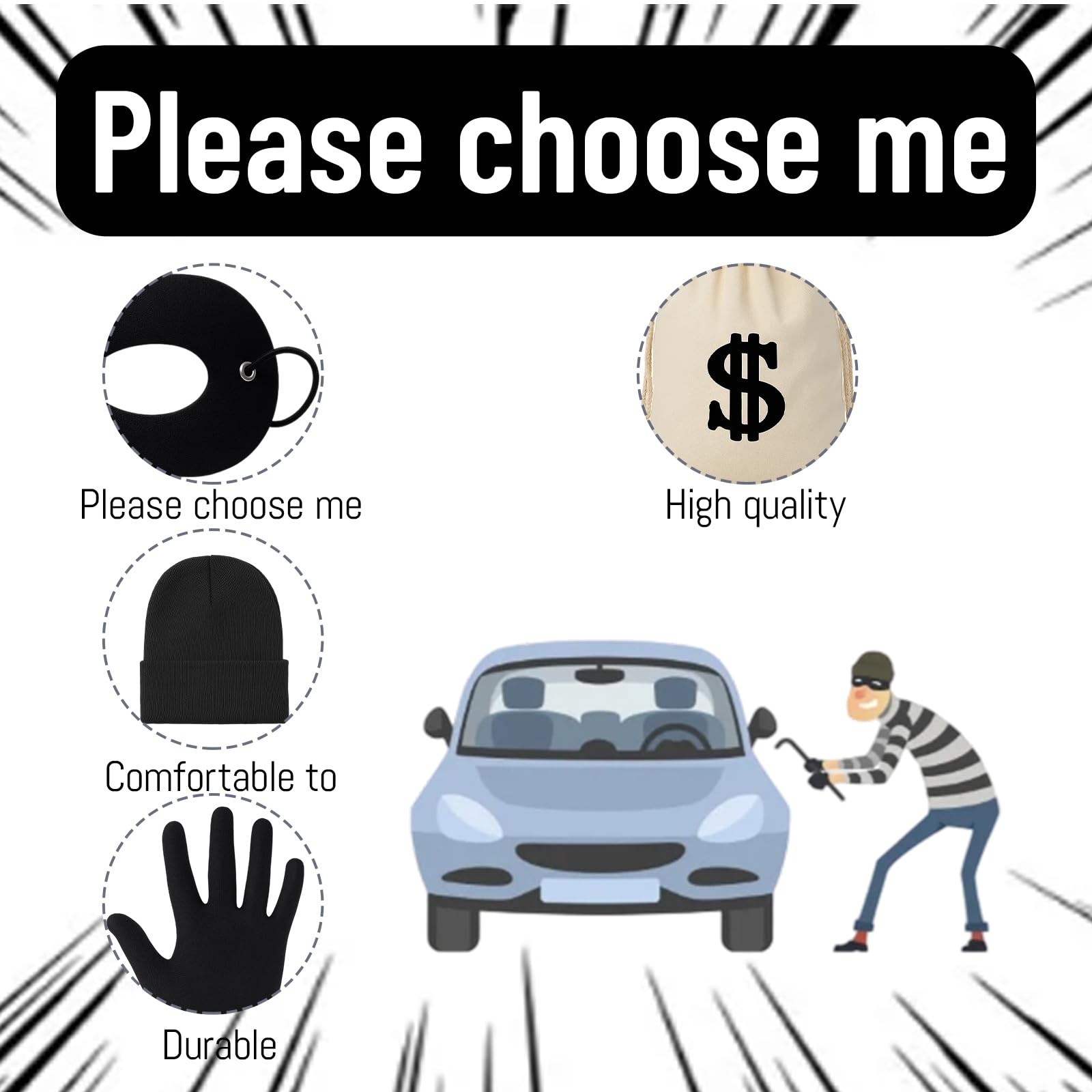 Burglar Costume, 4-Piece Robber Costume Set with Beanie Cap, Eye Mask, Gloves and Swag Bag, Cops and Robbers Fancy Dress for Halloween Parties, Cosplay Events and Themed Dress-Up - Image 3