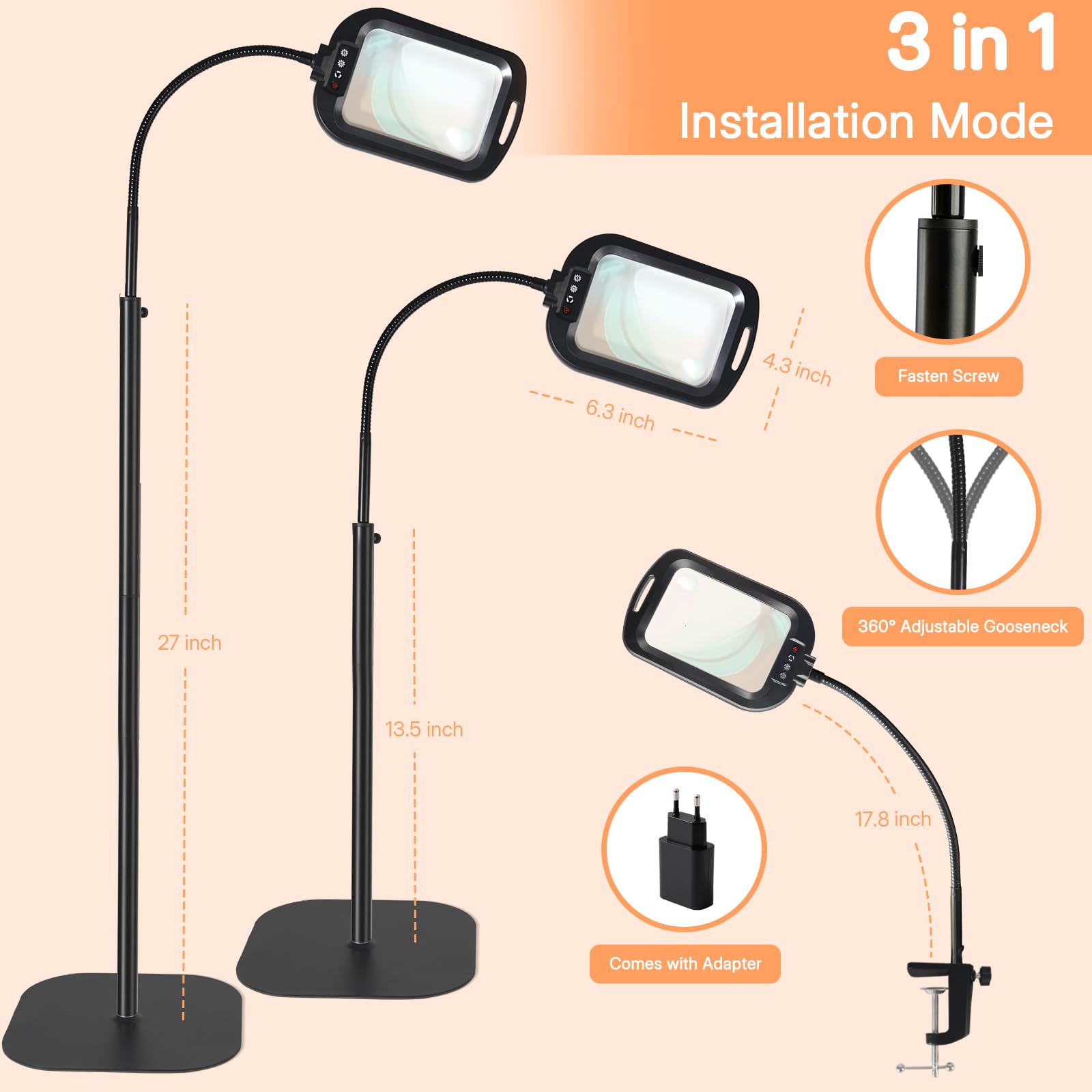 GABORISH Lupa de pie 30X con luz y soporte, lámpara 3 en 1 con 60 LED, lámpara rectangular de cuello de cisne con abrazadera, 5 modos de color regulable, sin manos, lupa de lectura con luz para