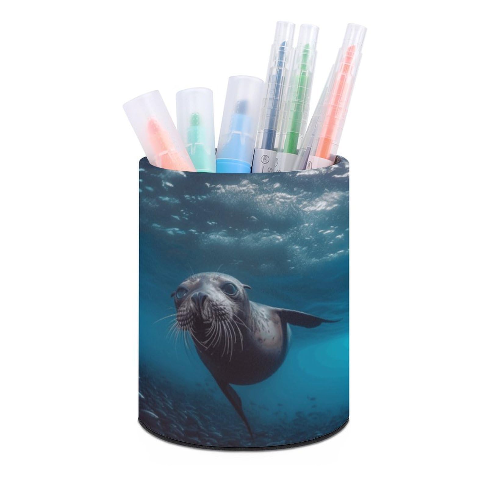 DWVTSLH Aesthetic Pen Holder for Desk - Modern Leather Pencil Holder - Stylish Round Makeup Brush Holder - Underwater Sea Lion Pen Cup Cute And Functional Desk Organizer for Office Supplies