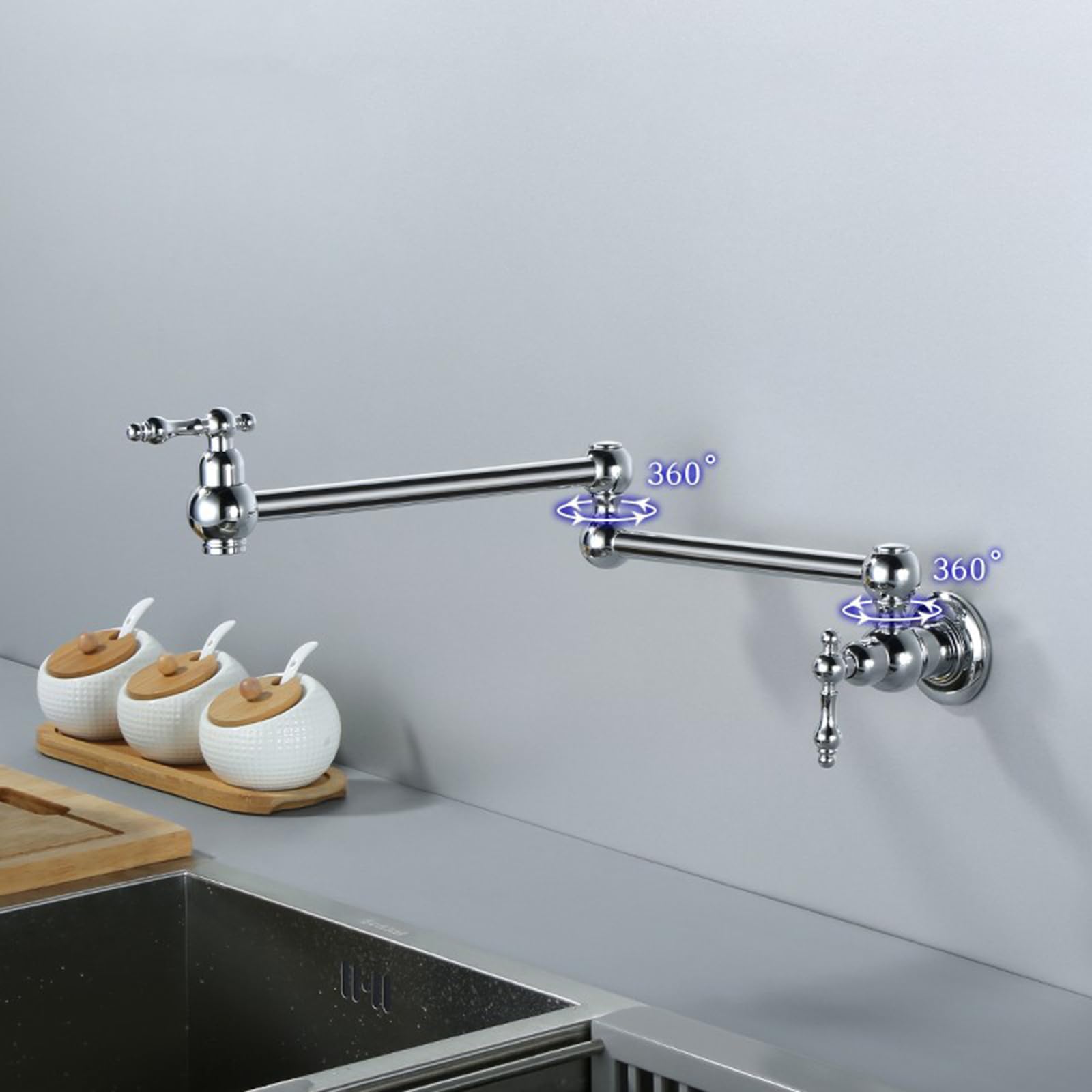 Faucet Rubinetto da Cucina a Parete e Retrattile, a Doppia Maniglia Fredda, Oro Spazzolato