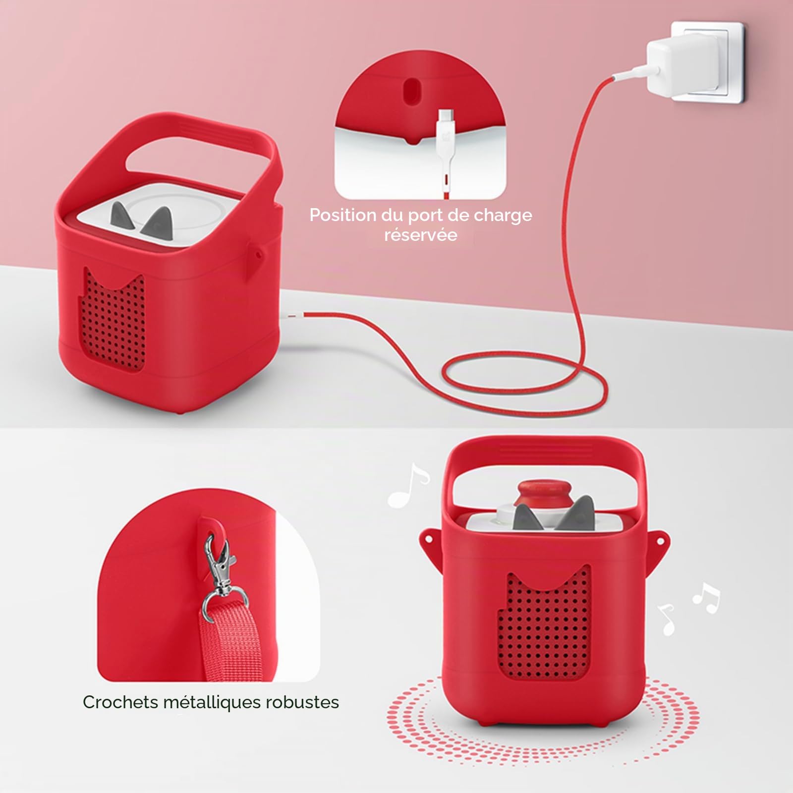Housse de protection en silicone compatible avec Toniebox 2 & 1, lecteur audio, housse anti-poussière avec poignée de transport et bandoulière (rouge)