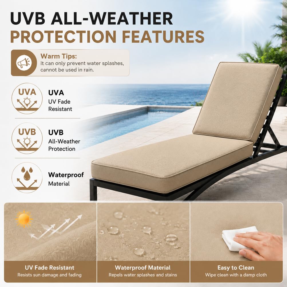 Coussin Bain De Soleil Imperméable Mousse Haute Densité 50D Indéformable pour Transat De Jardin | Matelas Chaise Longue Extérieur avec Base Antidérapante, 6 Attaches,Blanc,188x58x5cm