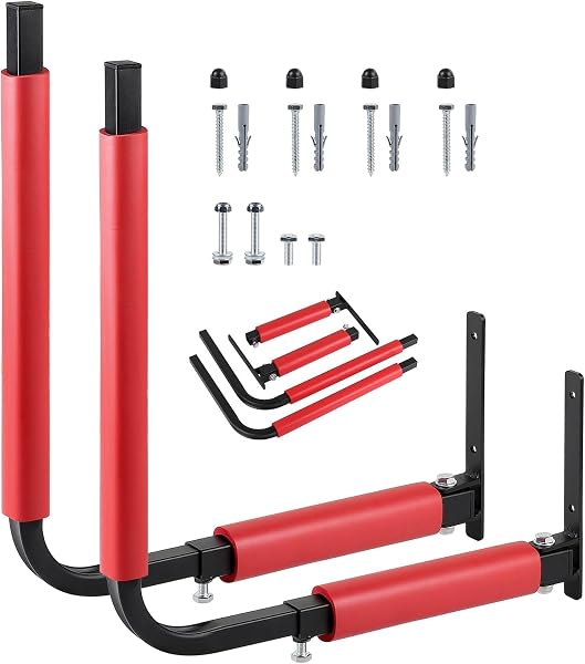 SWAWIS 1 Coppia Supporti da Parete per Box Tetto in Acciaio, con Schiuma Anti-Graffio, Regolabile 33-57 cm, Portata Massima 50 kg, per Riporre Tavole da Surf, Paddle, Utensili da Giardino(Rosso) - 1