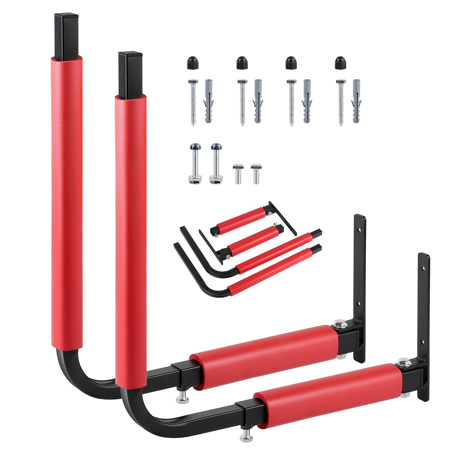 SWAWIS 1 Coppia Supporti da Parete per Box Tetto in Acciaio, con Schiuma Anti-Graffio, Regolabile 33-57 cm, Portata Massima 50 kg, per Riporre Tavole da Surf, Paddle, Utensili da Giardino(Rosso)