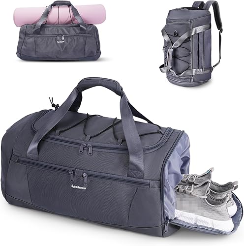 Sportsnew Bolsa de gimnasio para mujeres y hombres con compartimento para zapatos y bolsillo húmedo, bolsa de deporte con soporte para esterilla de