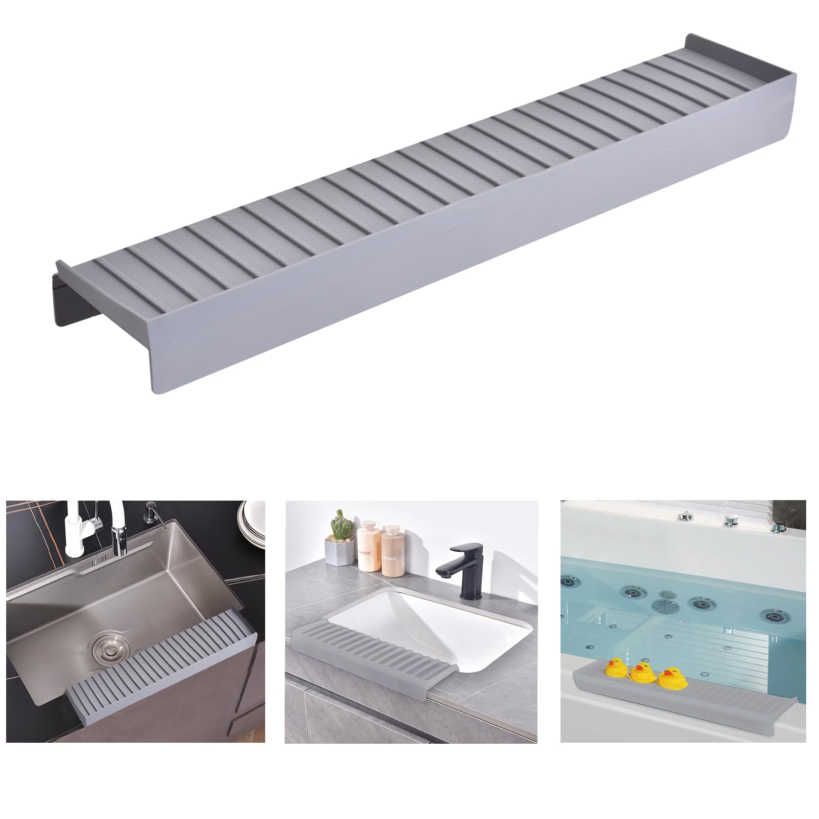 Protector De Borde De Fregadero De Silicona, 20" 51 cm, Cubierta Protectora Contra Salpicaduras Para Fregadero De Cocina Con Ventosa, Plegable, Protector De Encimera De Fregadero(Gris)