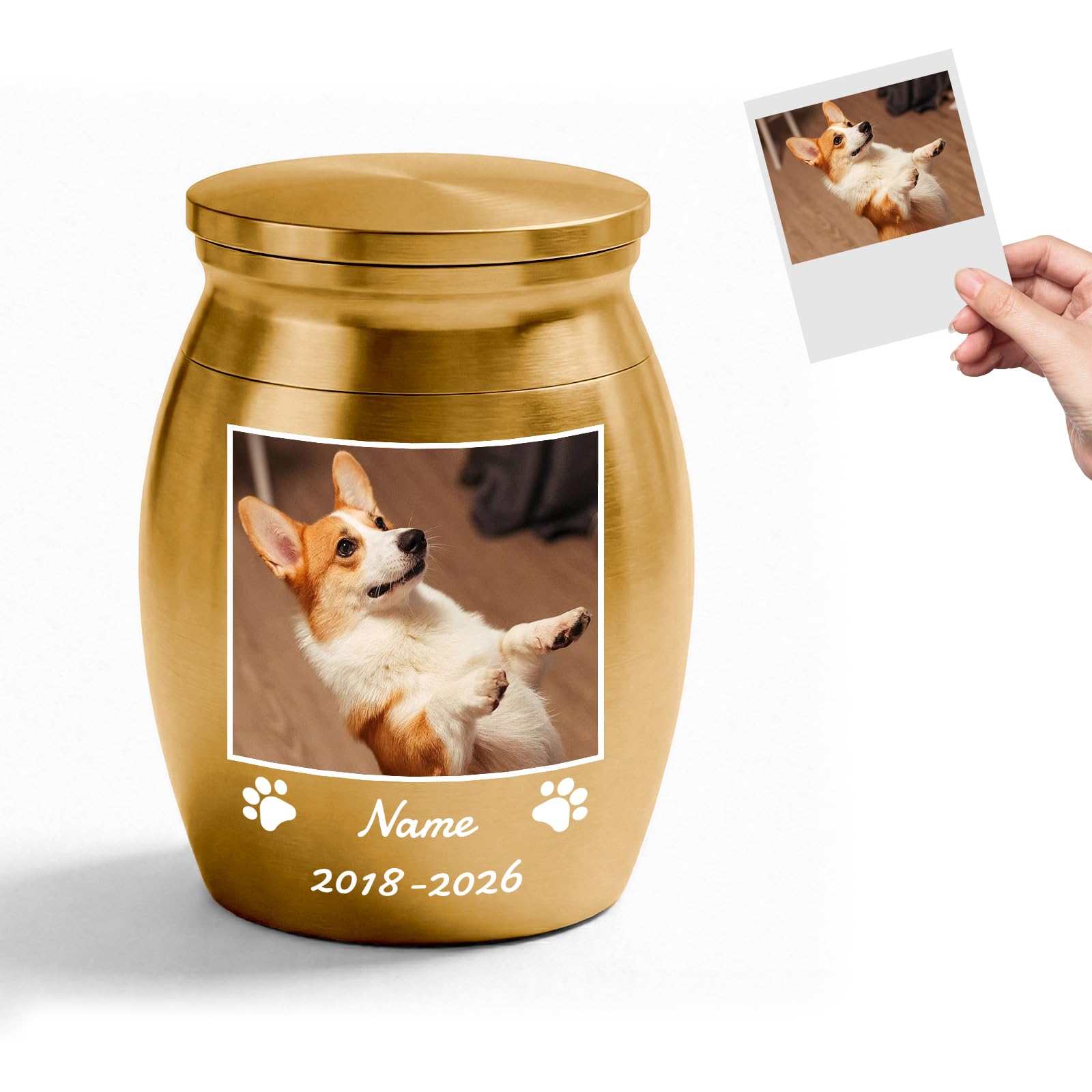 Takuno Personalised Cremation Urns for Dog Ashes Custom Mini Stainless Steel Pet Ashes Keepsake Photo and Text Customized Pet Holder Memorial Gifts for loss of dog sympathy Pet Lover,Gold