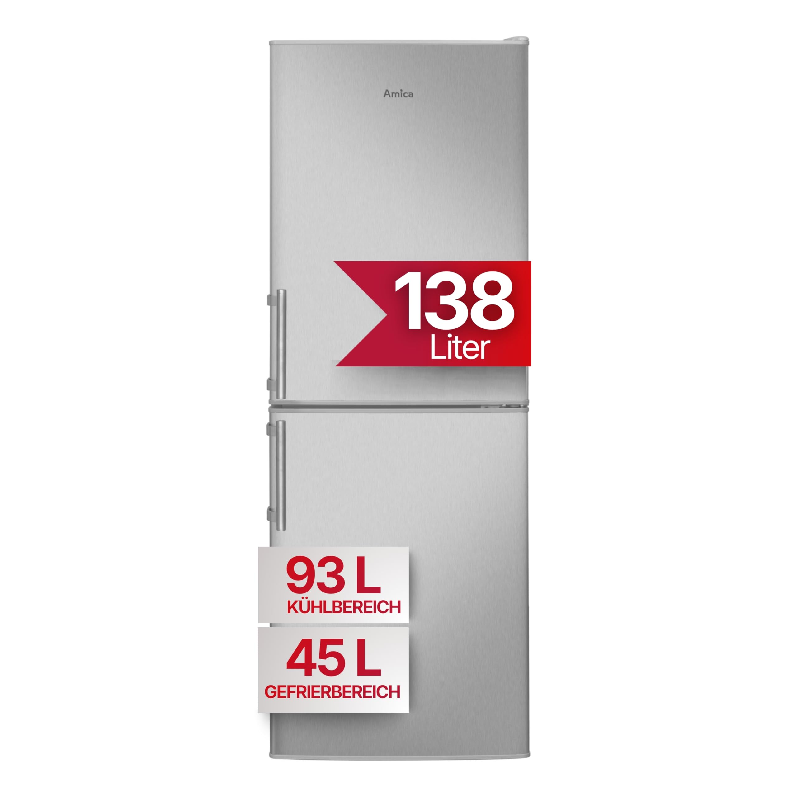 Amica Kühl-Gefrierkombination 138 L 148x52x59 cm KGC 384 111 E | 93 L Kühlteil, 45 L Gefrierteil, Automatische Abtauung, LED Beleuchtung, Gemüseschublade, 3 Gefrierschubladen, Eiertablett