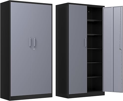 Armario de almacenamiento de metal con cerradura, gabinetes de garaje de 71 pulgadas con 2 puertas y 4 estantes ajustables, caninetes de acero con