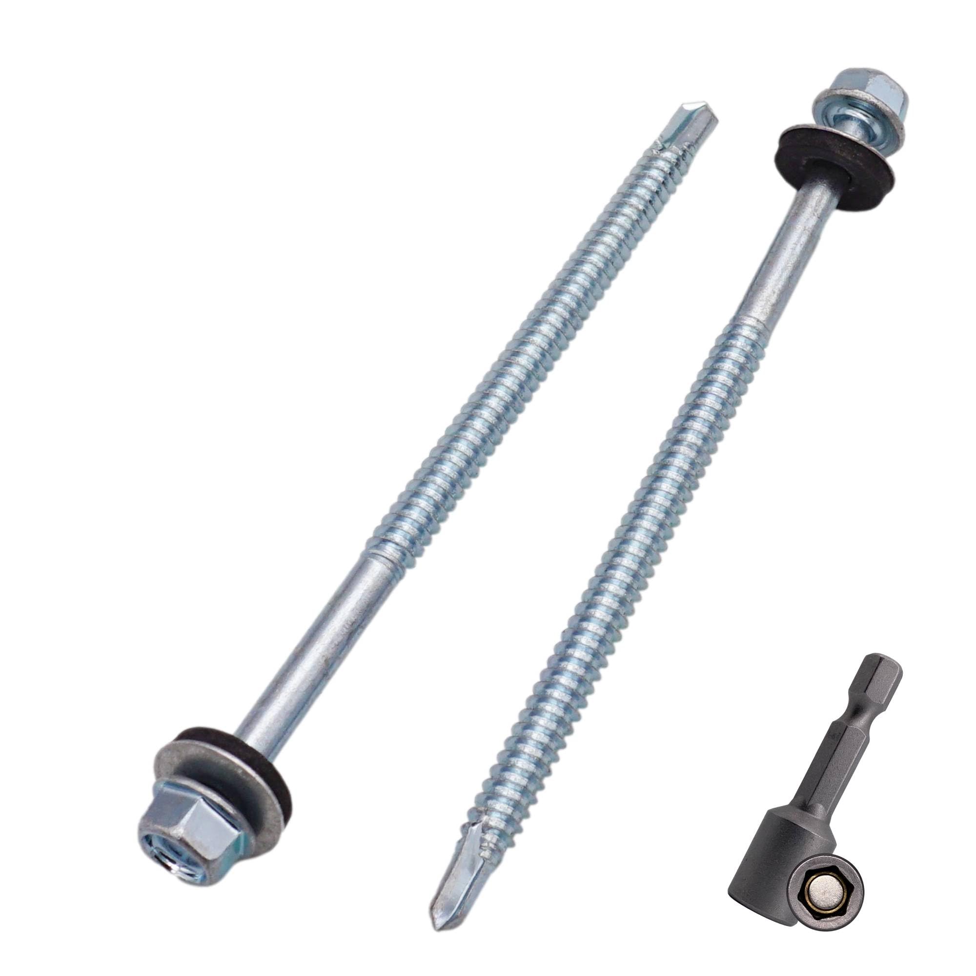 SKIR'CO (10 pcs) Zinc Plated Roofing Screws 6.3 x 120 mm, Hex Head, DIN 7504-K Self-Drilling Screws with EPDM Sealing Washers