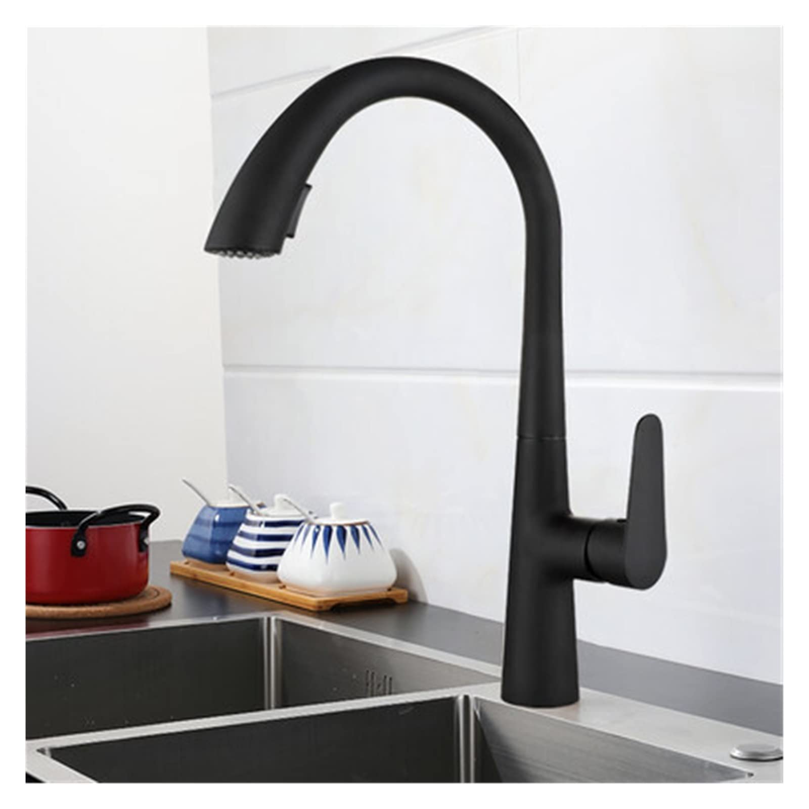 Grifo de cocina extraíble negro con grifo de lavabo agua fría caliente y pistola giratoria de 60cm