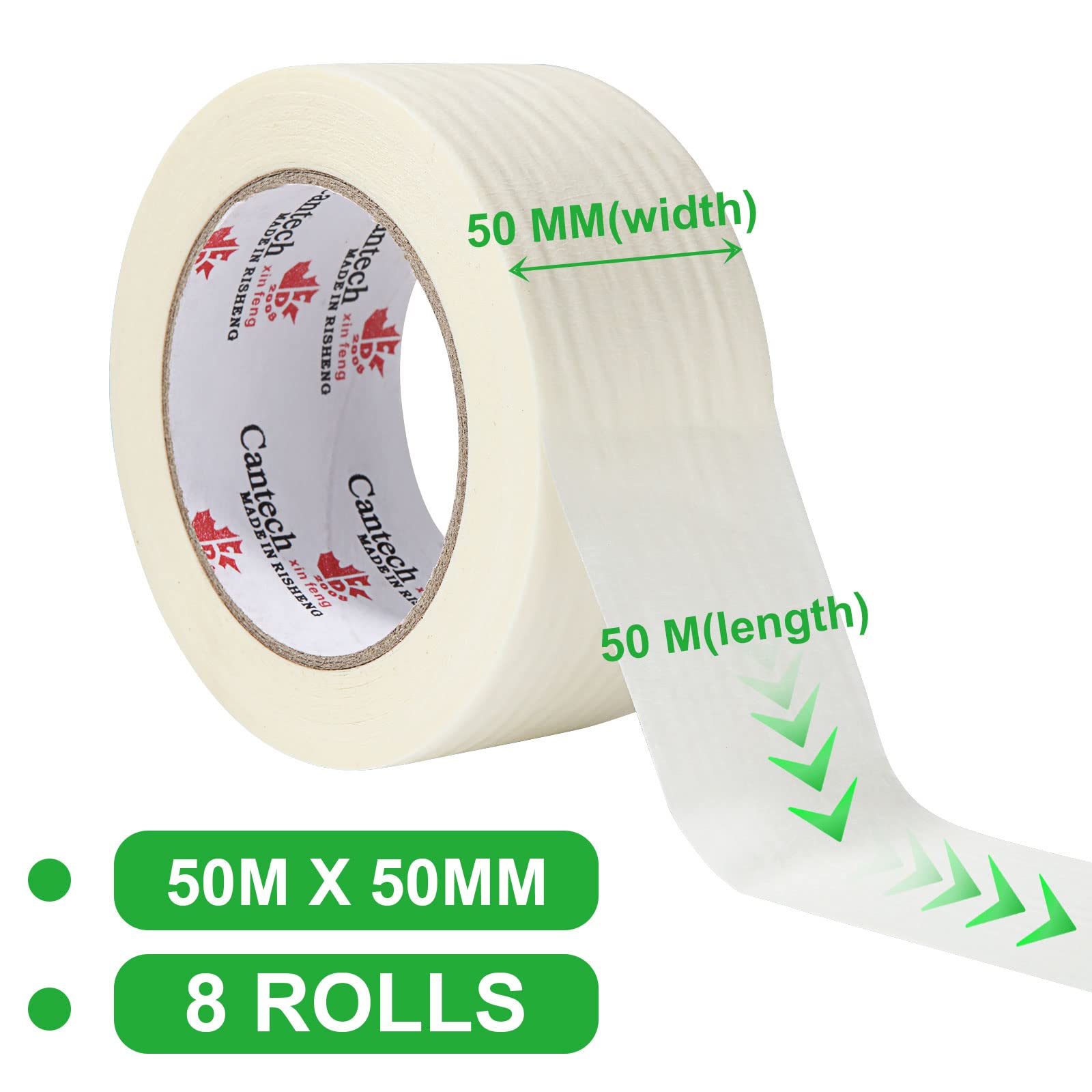 8 cintas adhesivas de 50 m x 50 mm para pintar, cinta adhesiva ancha de baja adherencia, cinta adhesiva para vidrio, pintura, artistas, decoración, manualidades, papelería escolar (blanco)