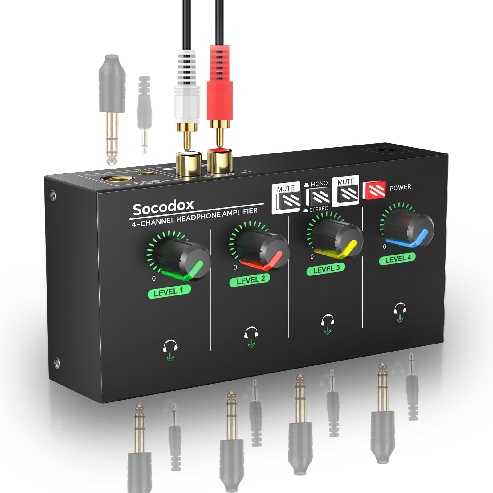 4-Kanal Kopfhörerverstärker, Kompakter Metall-Stereo-Kopfhörermischer mit 6,35 mm, 3,5 mm & RCA Eingängen, TRS Ausgängen, Stummschaltfunktion und coolem Licht, DC 12V - 14x7x3.1 cm