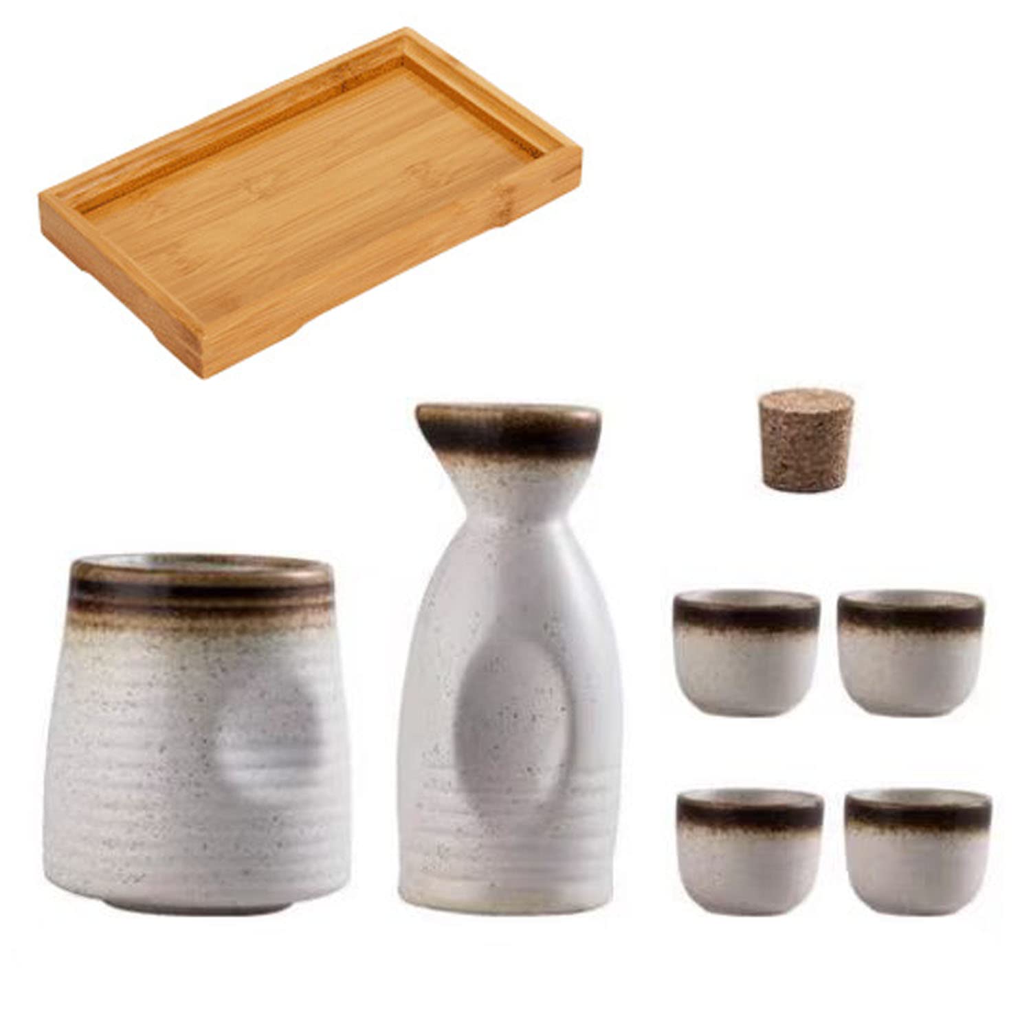Set de Saké Japonais Tasses à Saké en Céramique et Chauffe-Saké avec Plateau en Bois pour la Maison ou Le Restaurant