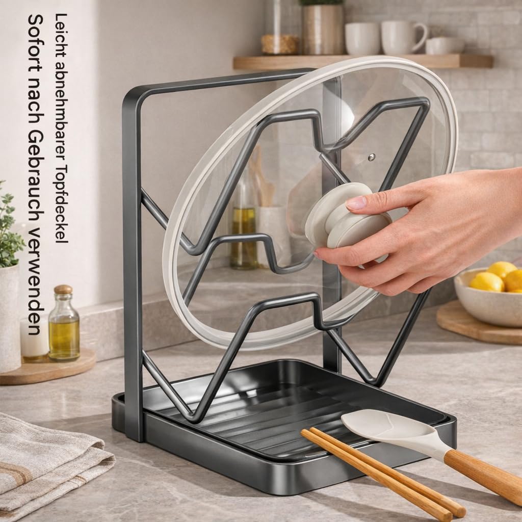 Edelstahl Doppellagig Topfdeckel Organizer Mit Löffelablage, 2-in-1 Topfdeckelhalter,Stabile Aufbewahrung, Platzsparend, Leicht zu Reinigen,für Kochlöffel und Utensilien