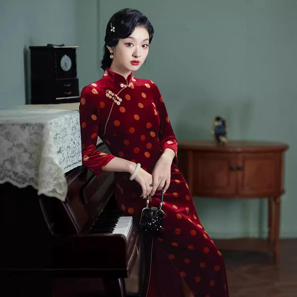 Cheongsam Manga Larga para Mujer - Vestido De Terciopelo Estilo Chino De Moda De Primavera Y Otoño Ajustado con Abertura Lateral para Uso Diario para Fiestas De Longitud Media Talla Grande Co