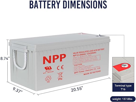 NPP 12V 200Ah Rechargeable AGM Battery, Safe Charging for UPS, RV, Camping, Cabin, Marine, Off-Grid System, T16 Terminal Sealed Lead Acid Power Supply for Most Home Appliances