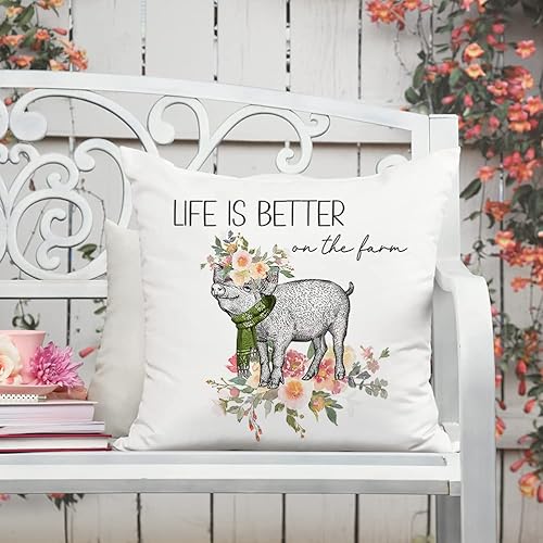 Spring Gray Buffalo Plaids Farmhouse Animals Pillow Covers Dairy Cow Sheep Pig Chicken With Flower Farm Decor Throw Pillow Case Cushion Cover 18" X 18" Set Of 4 Home Decorations #TOP4