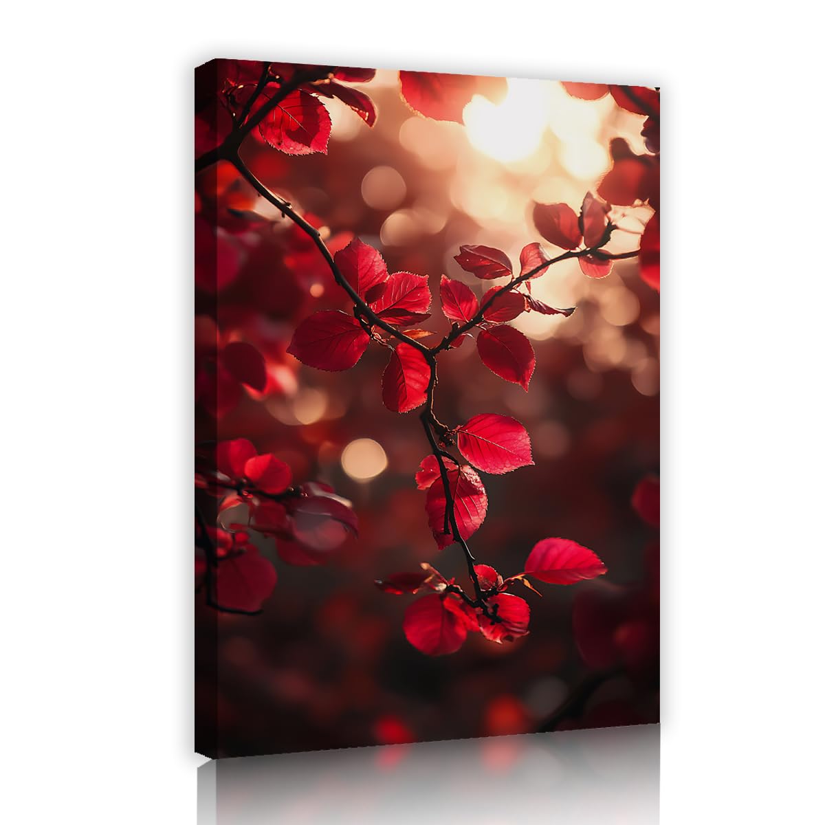 Via Vela Red Leaves Wall Art Canvas Print Autumn Branch Painting Sunbeam Bokeh Forest Poster Seasonal Nature Picture for Living Room Bedroom Kitchen Decor 50x75cm