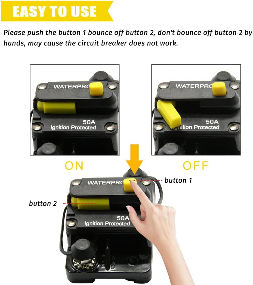 50Amp Circuit Breaker,12V-48V DC Fuse Holder,Replace Fuses,with Reset Button,for Automotive Marine Boat Audio System Current Overload Protection(50A) : Automotive