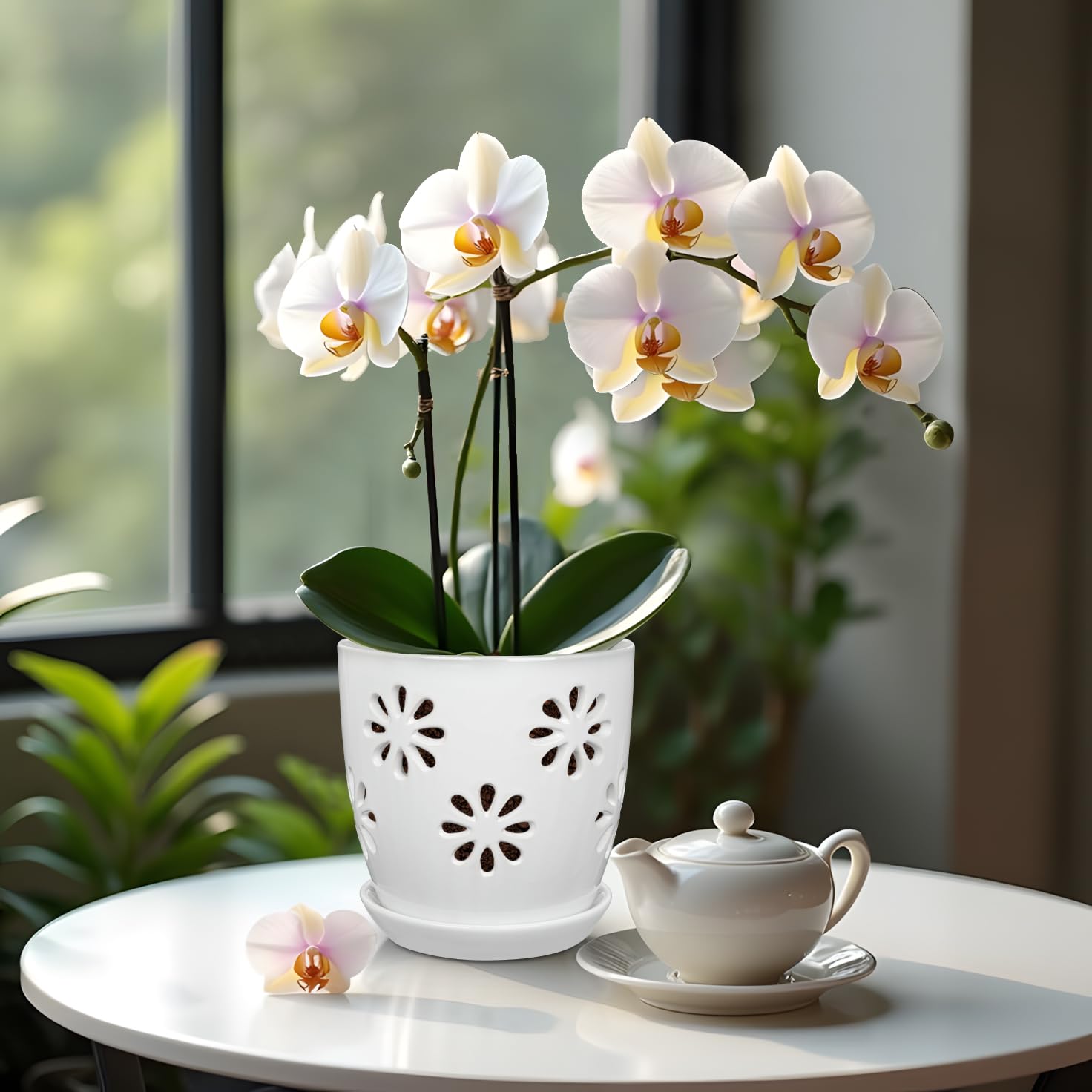 Oairse Pot de fleurs creux en céramique de 15 cm de diamètre avec trou de drainage et soucoupe - Pot en céramique pour plantes d'intérieur - Décoration rétro pour jardinières en plein air