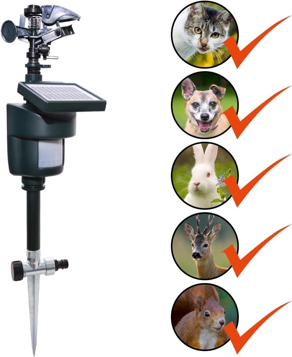 Irrigatore attivato dal movimento con pannello solare, irroratore ad acqua con sensore di movimento, repellente per animali con sensore di movimento per gatti, piccioni, cani
