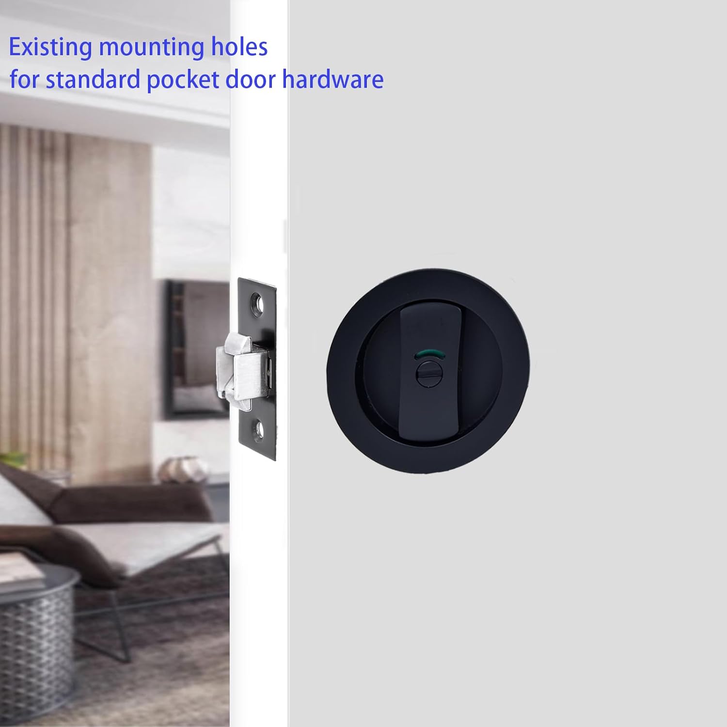 Dontay Pocket Door Lock with Edge Pull Handle,Color Coded Indicators,1 3/8" Backset,Stainless Steel Recessed 2 Side,for 1 3/8" to 2 3/16" Bathroom&Sliding Door (Matte Black, Round - 1 Set)