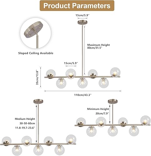 Miniatura 2 de KCO Lighting Modern - Lámpara colgante de 7 luces de metal de níquel cepillado con forma de globo de cristal transparente nórdico, lámpara colgante