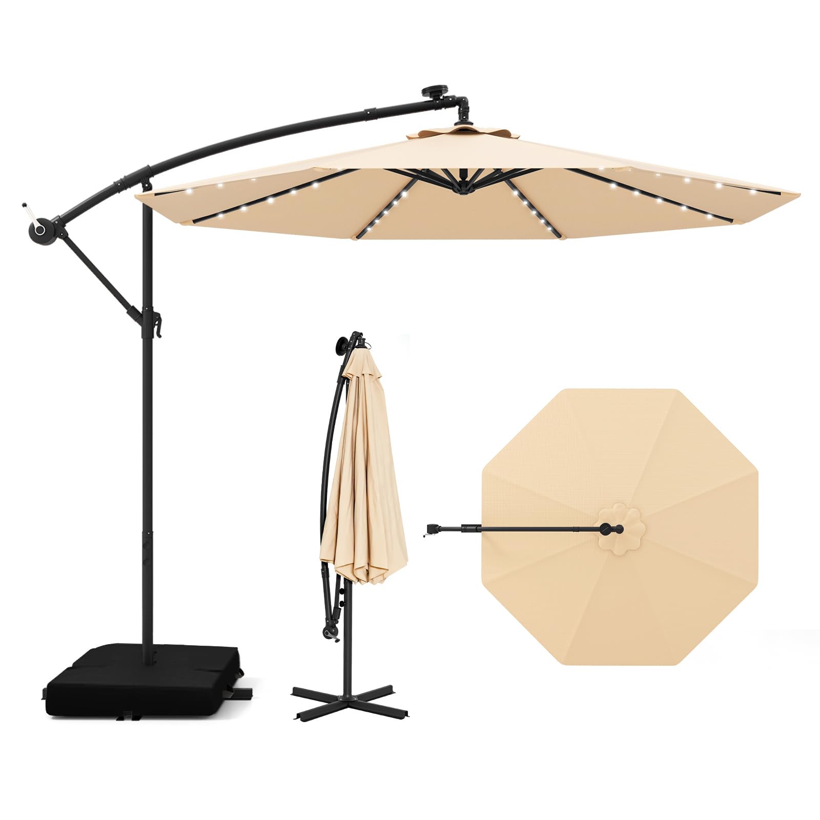 COSTWAY Parasol przeciwsłoneczny 350 cm ze stojakiem i diodami LED, parasol przeciwsłoneczny z korbą, parasol ogrodowy, ochrona przed promieniowaniem UV, parasol na taras, do ogrodu, na taras (beżowy)