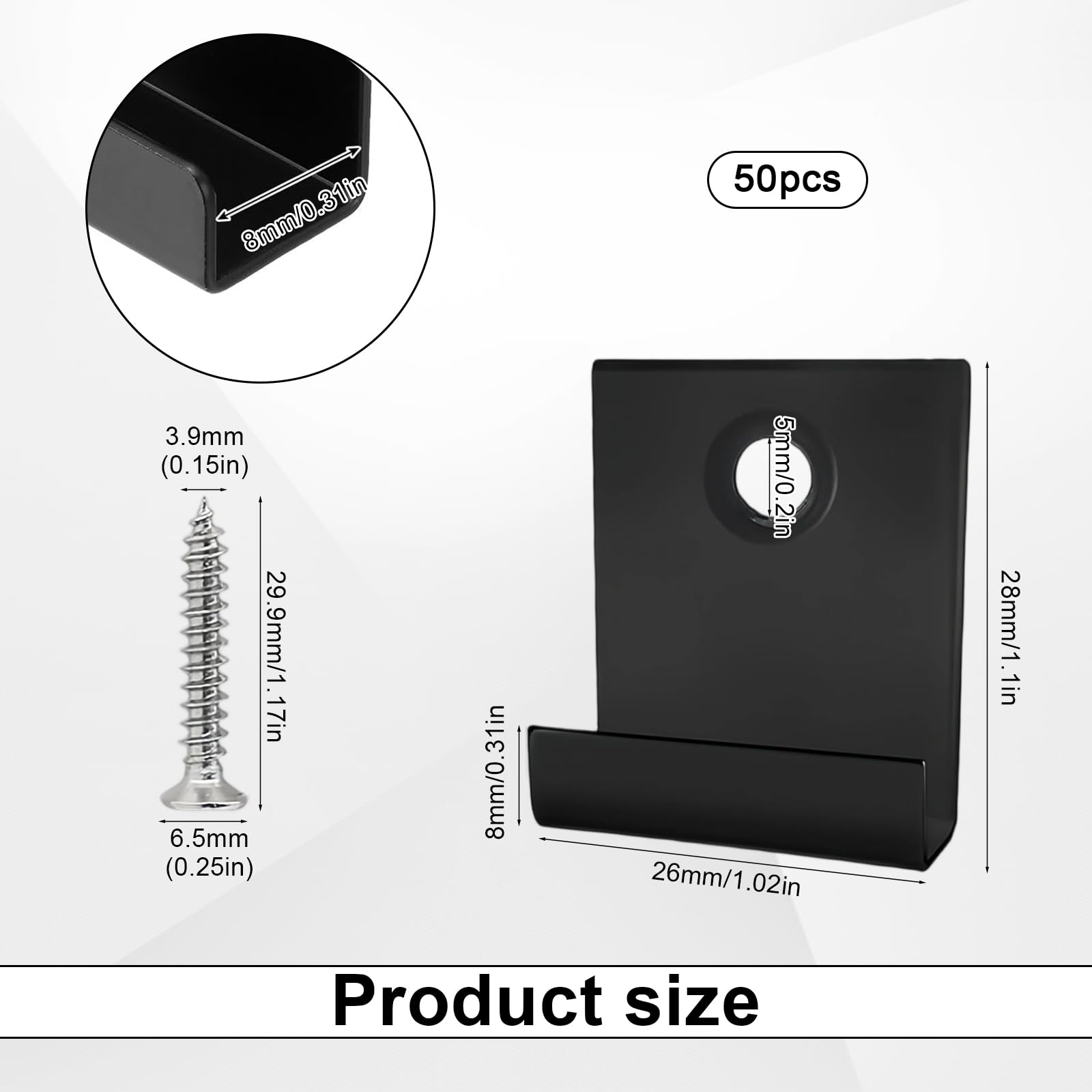 50 Piezas Clips de Fijación Ocultos para Tabla, Ranura de 8 mm Clip de Cubierta Compuestos, Acero Inoxidable 304 Clips de Fijación Para Terraza, Negro, con 50 Tornillos M4, para Jardín y Patio