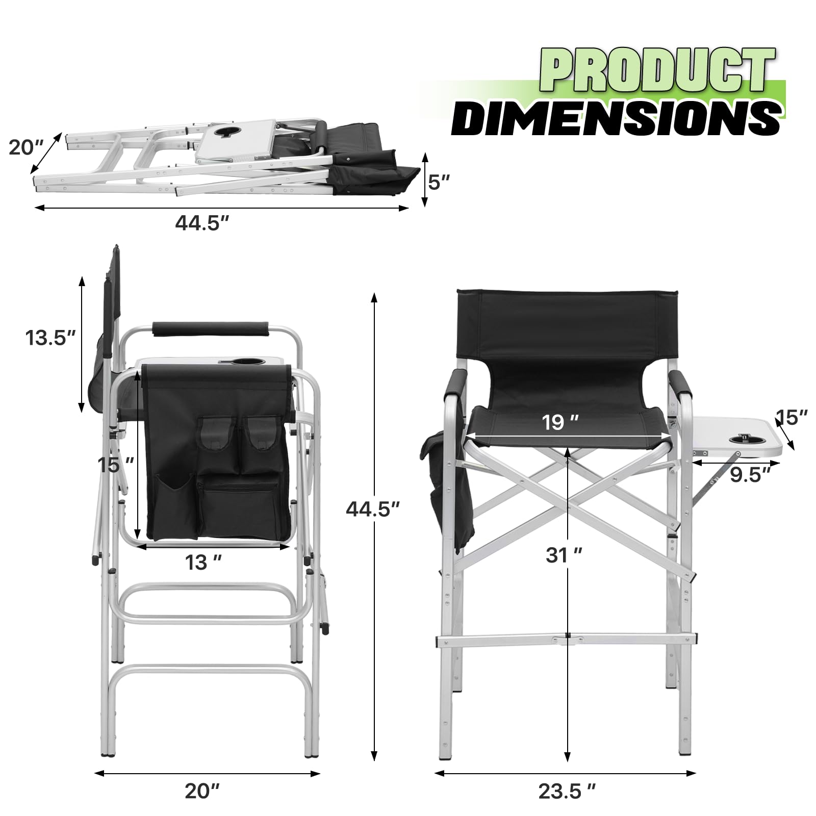 Magshion 31-Inch Height Folding Camping Tall Directors Chair with Side Table Foldable Portable Makeup Artist Chair, Black