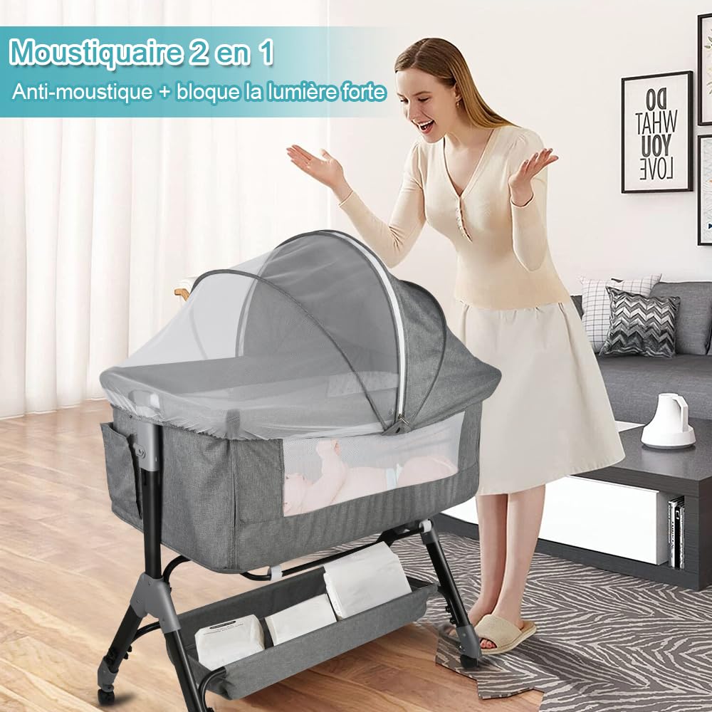 Lit Bébé Cododo - Berceau Cododo Bébé avec Matelas, Mode Bascule pour Bercer Bébé, Côté Repliable, Hauteur Réglable, Fenêtres en Filet,4 Niveaux(80-94cm (80 -84- 88- 94)),104*52*100-110 cm - gris lin
