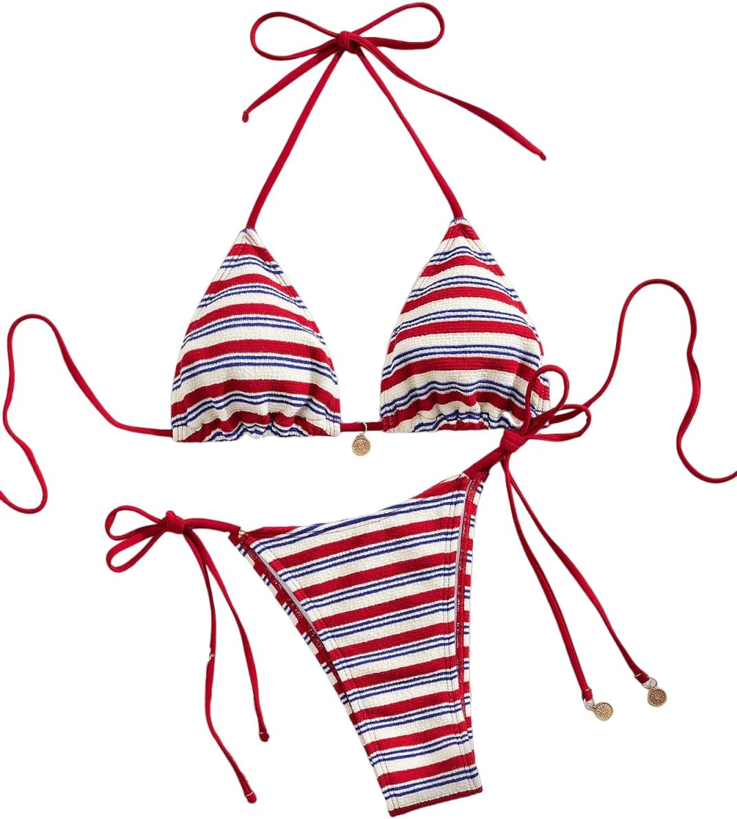 ZAFUL 2 Piece Triangle Bikini for Women Knitted Rope Halter Bikini Sets Sexy Bathing Suit Side Tie Swimsuits Beachwear