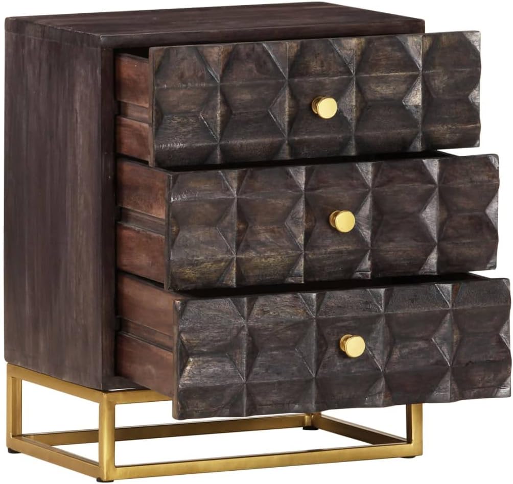 Industrial Bed Cabinet with 3 Drawers, Solid Mango Wood and Powder-Coated Steel Legs in Black and Gold Finish for Modern Bedroom or Living Room Storage