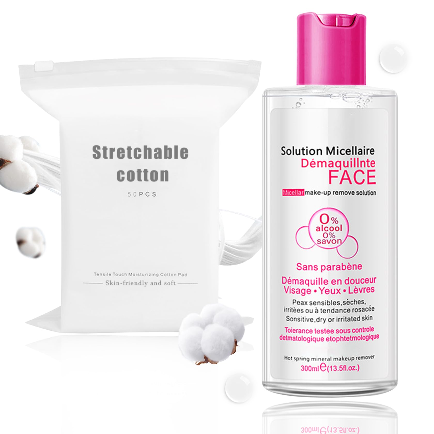 DWDiWen Refreshing Hydrating Facial Cleanser & Makeup Remover for Waterproof Makeup,Cleansing Gentle Make up Remover Water Skin Care Set with Makeup Remover Cotton Pads