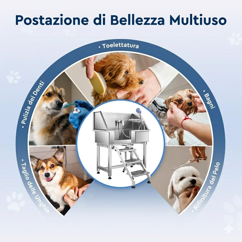 CO-Z 86 cm Vasca da Bagno per Cani in Acciaio Inossidabile, Vasca Toelettatura Professionale per Animali Domestici capacità 80 kg, Vasca Doccia per Toelettatura con Scale Porta Scorrevole Rubinetto