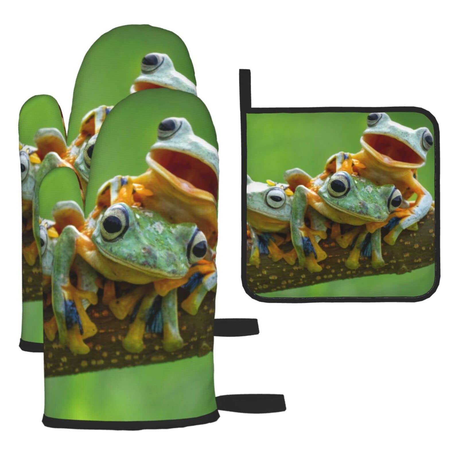 Cute Frogs Printed Kitchen Baking Three-Piece Heat-Resistant Thick Cotton Oven Gloves for Cooking and Baking.