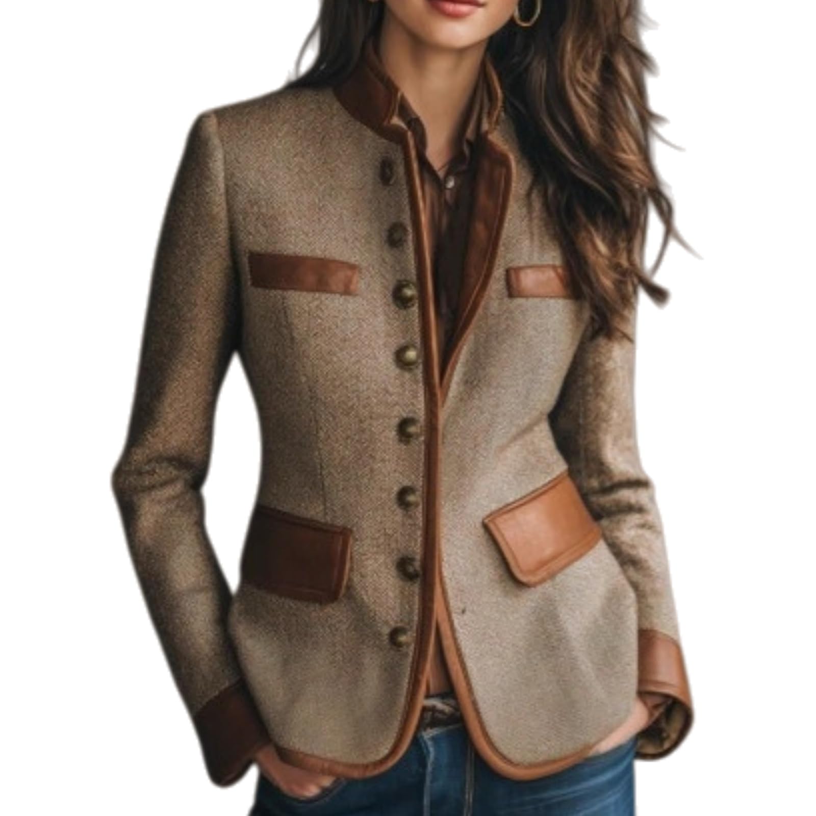 Womens Cropped Blazers Vintage Eco-Leather Trim Pocket Tweed Jacket Stand Collar Long Sleeve Button Dressy Work Coat