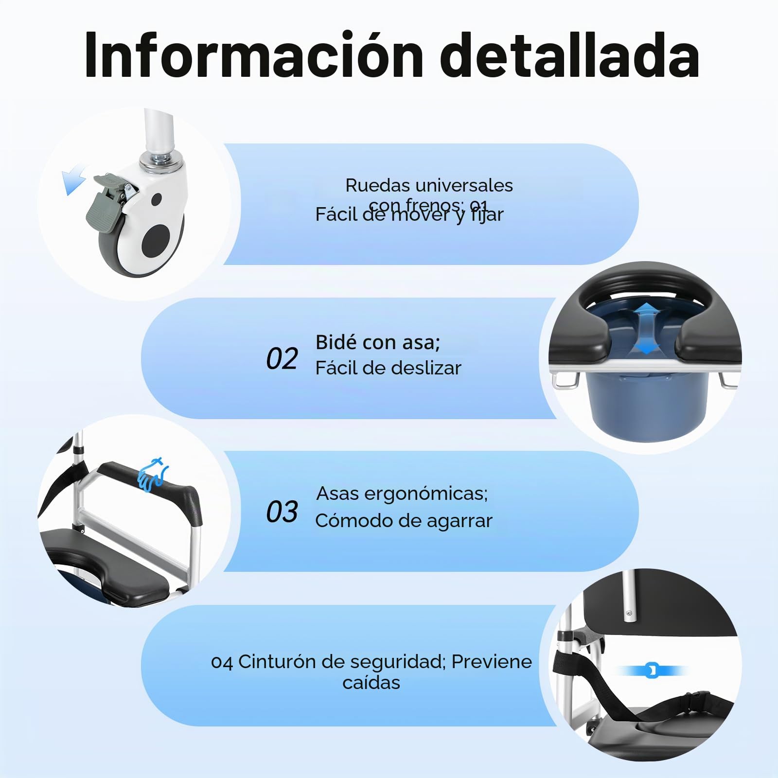 Duschstuhl mit Rädern, silla de ducha plegable, altura ajustable con ruedas universales para personas mayores, minusválidos, mujeres embarazadas, discapacitados