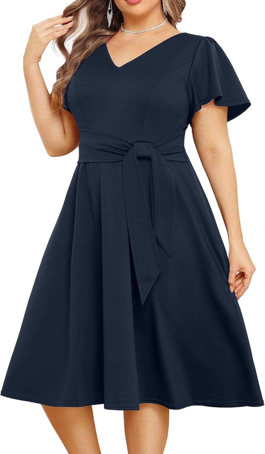 Plus Size Wedding Guest Dress - Cocktail Formal Fall Short Sleeve V Neck A-Line Midi Dresses for Women 2025 - Image 4