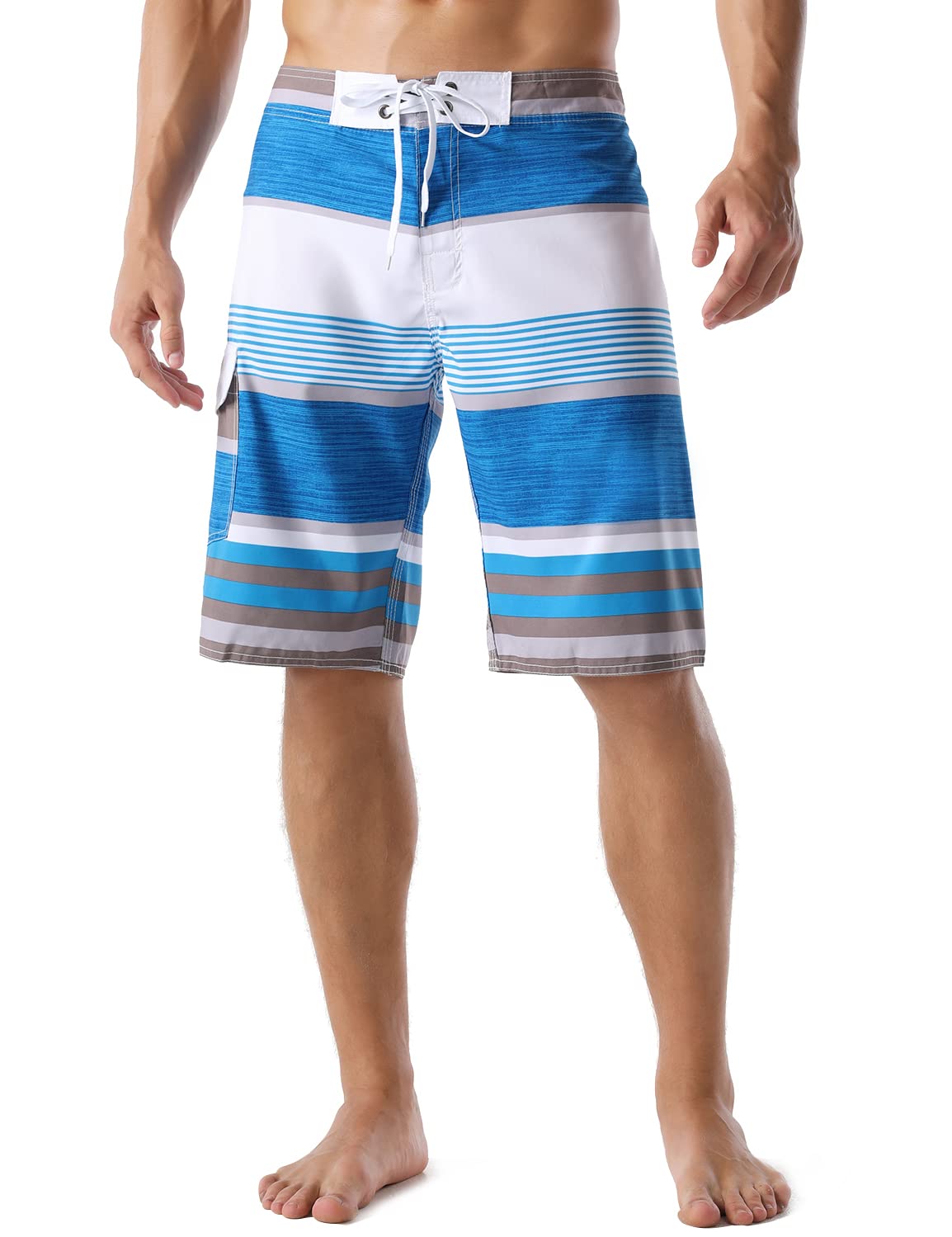 nonwe Men's Stripe Straight Lightweight Beach Shorts Half Pants with Lining Blue Striped with White 32-picture-42