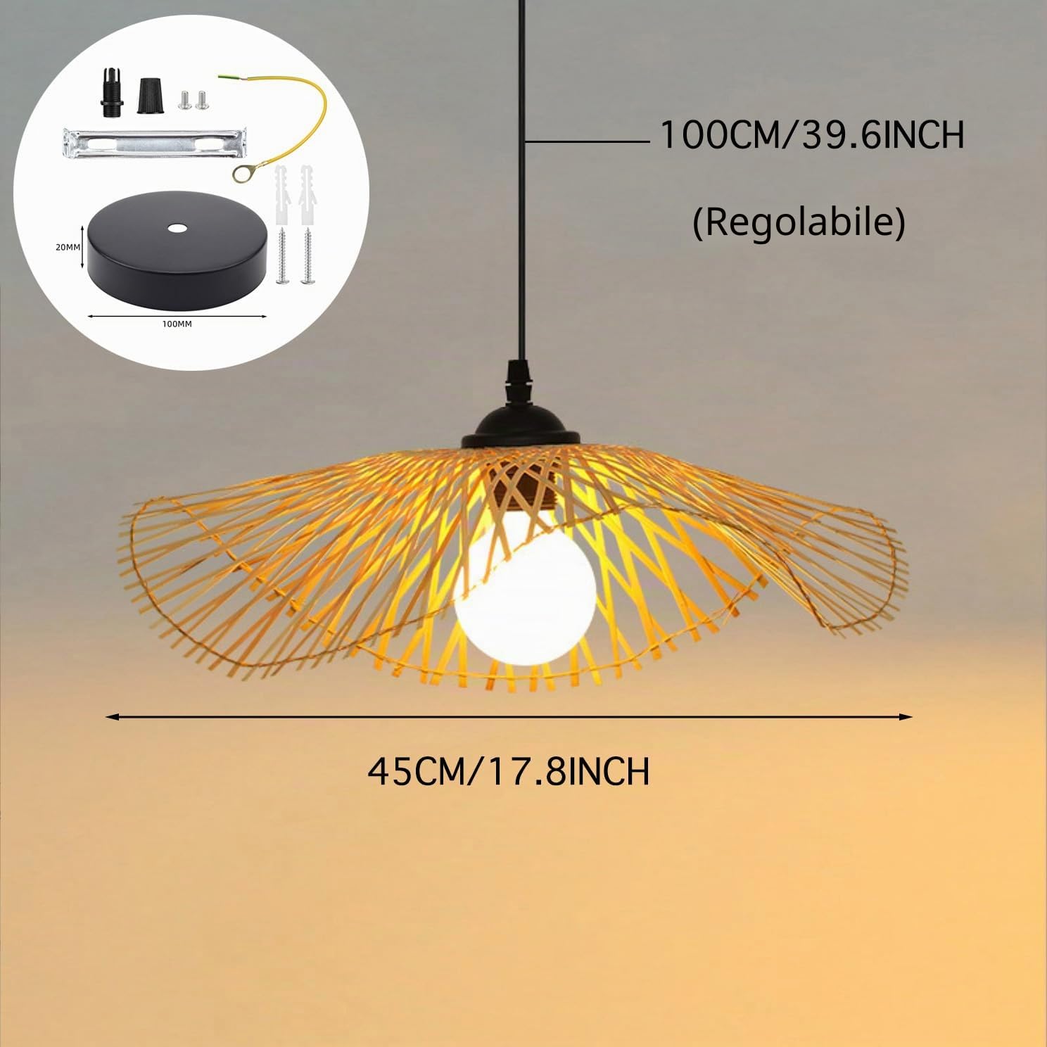 Lampada a sospensione in bambù intrecciata a mano Lampadario a cappello semplice Lampada da soffitto Lampadario in bambù naturale per sala da pranzo, sala da tè, ristorante