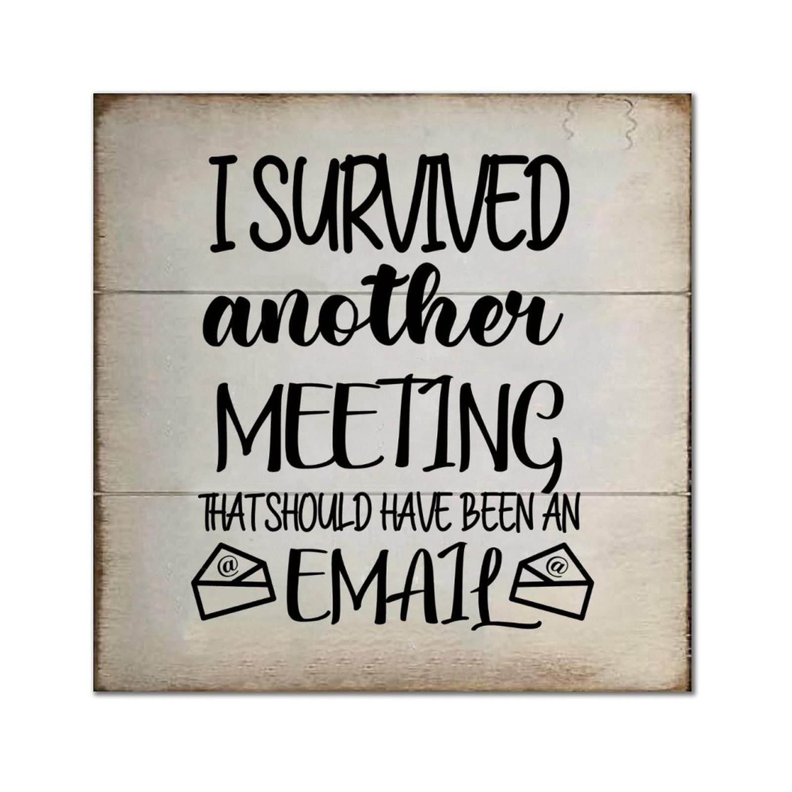 Décoration de bureau humour avec plaque en bois I Survived Another Meeting pour bureau de télétravail