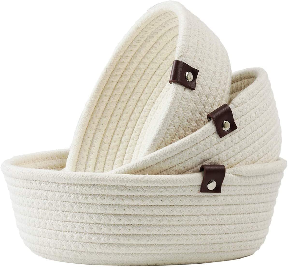 Jaffiust Circular Cotton Rope Woven Basket with Handles for Books, Magazines, Toys - Decorative Rectangle Basket for Baby Nursery, Living Room, Bathroom(White 3PCS)