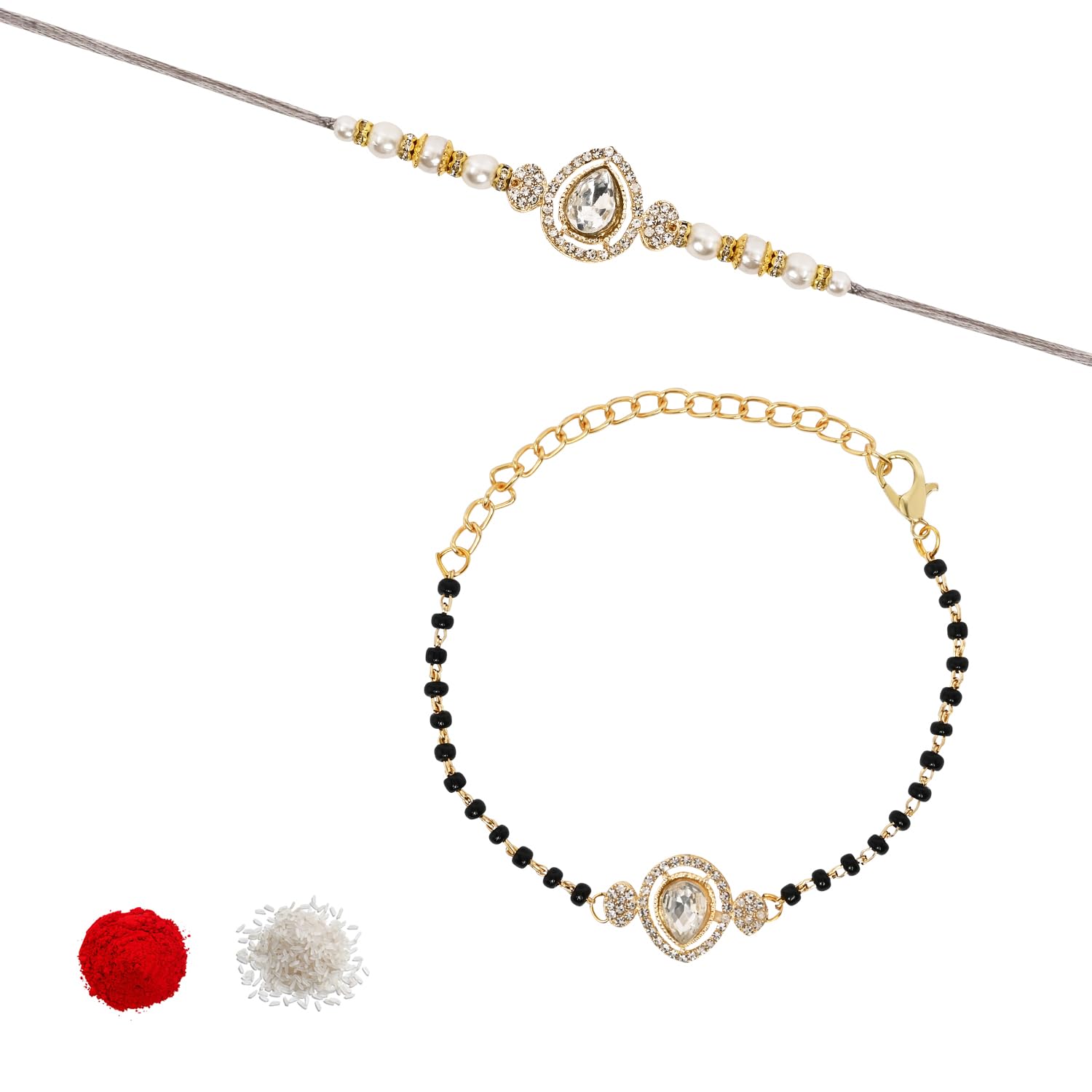I Jewels Designer Kundan Stone Bhaiya Bhabhi Mangalsutra Bracelet Rakhi Set With Roli Chawal & Rakshabandhan Card For Unisex Adult (White) (B0D7CX4LDG) Amazon Price History, Amazon Price Tracker